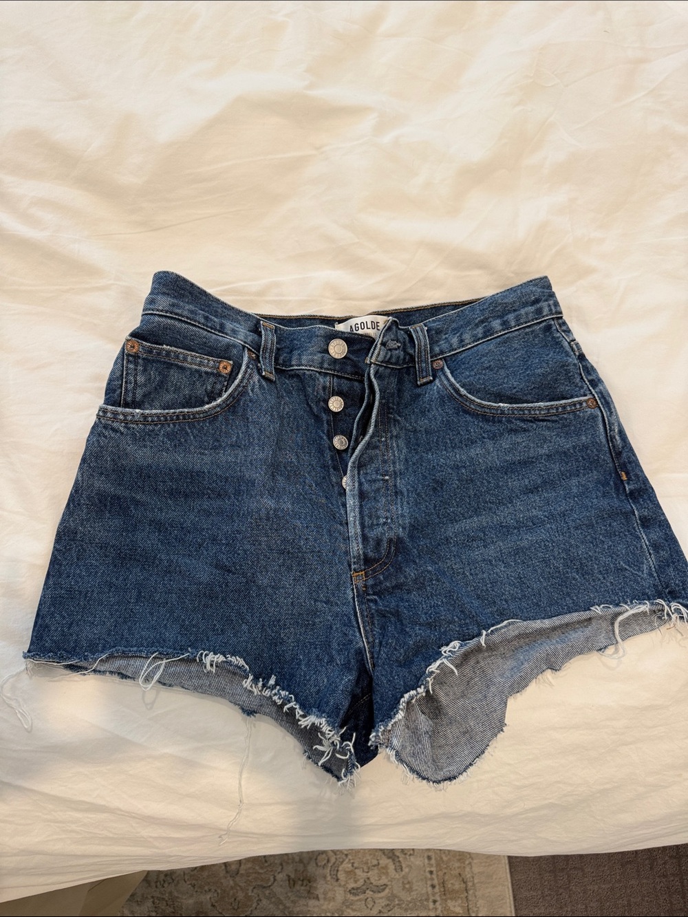 Agolde Dark Blue High-Rise Button-Fly Denim Shorts